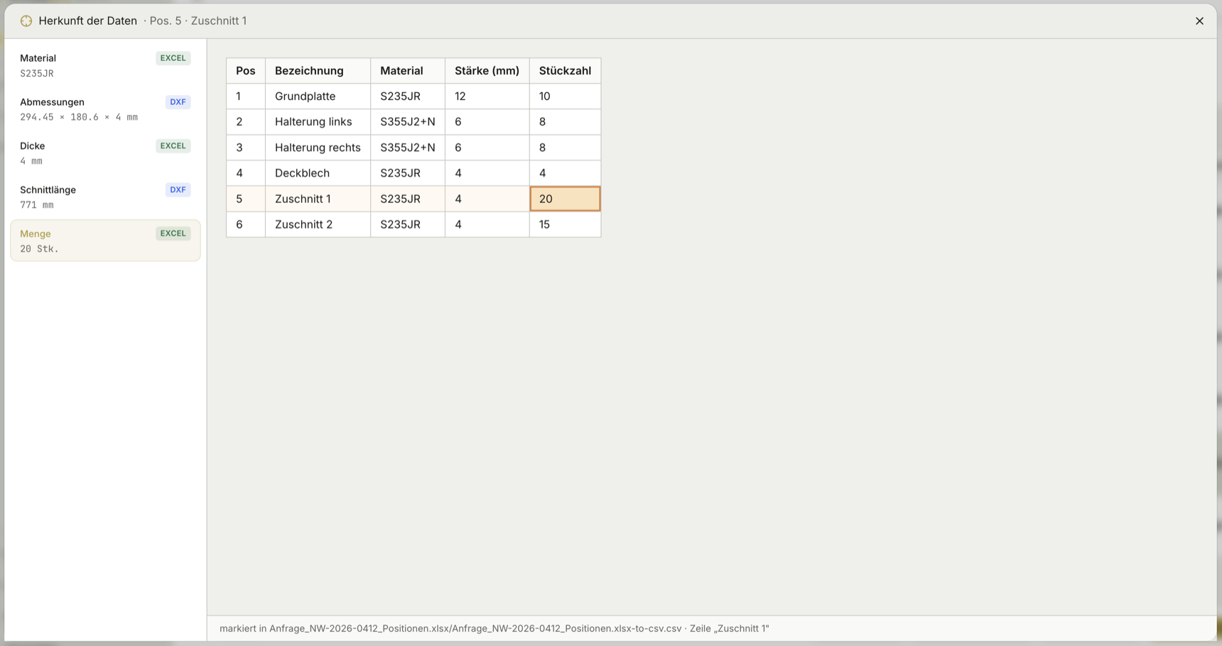 Where the quantity comes from — highlighted in the Excel list