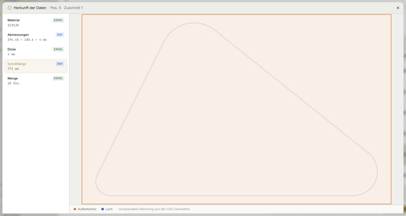 Where the cutting length comes from — measured from the DXF geometry